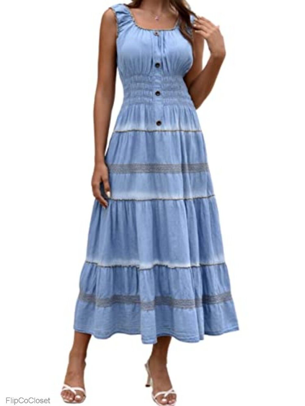 100% Cotton Sleeveless Maxi Dress A-Line Denim Look Summer Boho